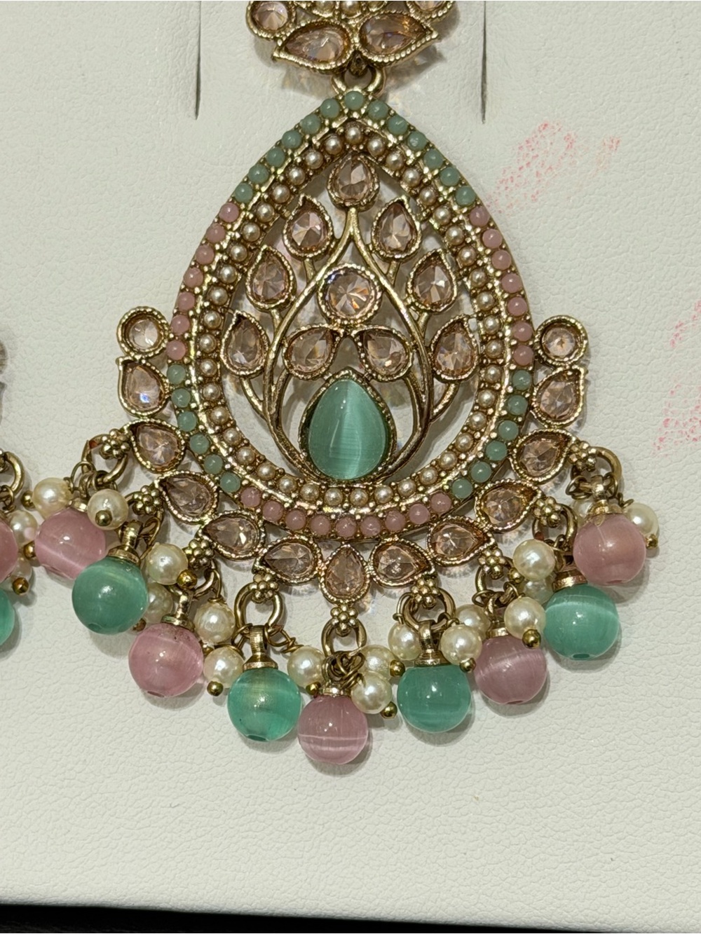 Elegant Pastel Green and Pink Chandbali Earrings by with Monalisa stone - Picture 3 of 6